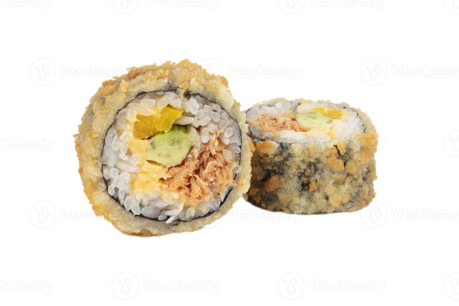 Sushi roll on a white background with Philadelphia cheese and salmon breaded photo