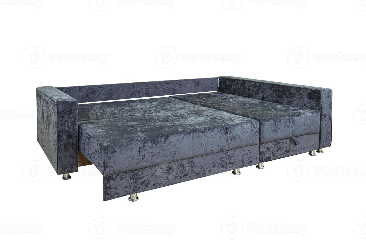 Gray unfolded sofa with velor fabric pillows isolated on a white background photo