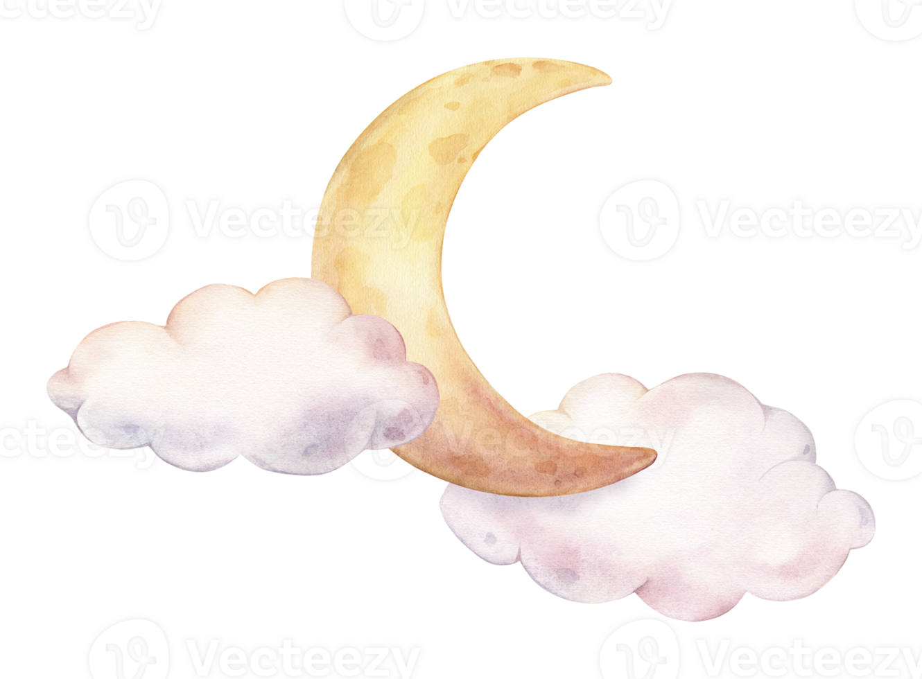 Hand drawn watercolor illustration of the moon and clouds for Baby shower invitations or nursery wall art. Drawing sky perfect for conveying a dreamy, mystical atmosphere for kids greeting cards. png