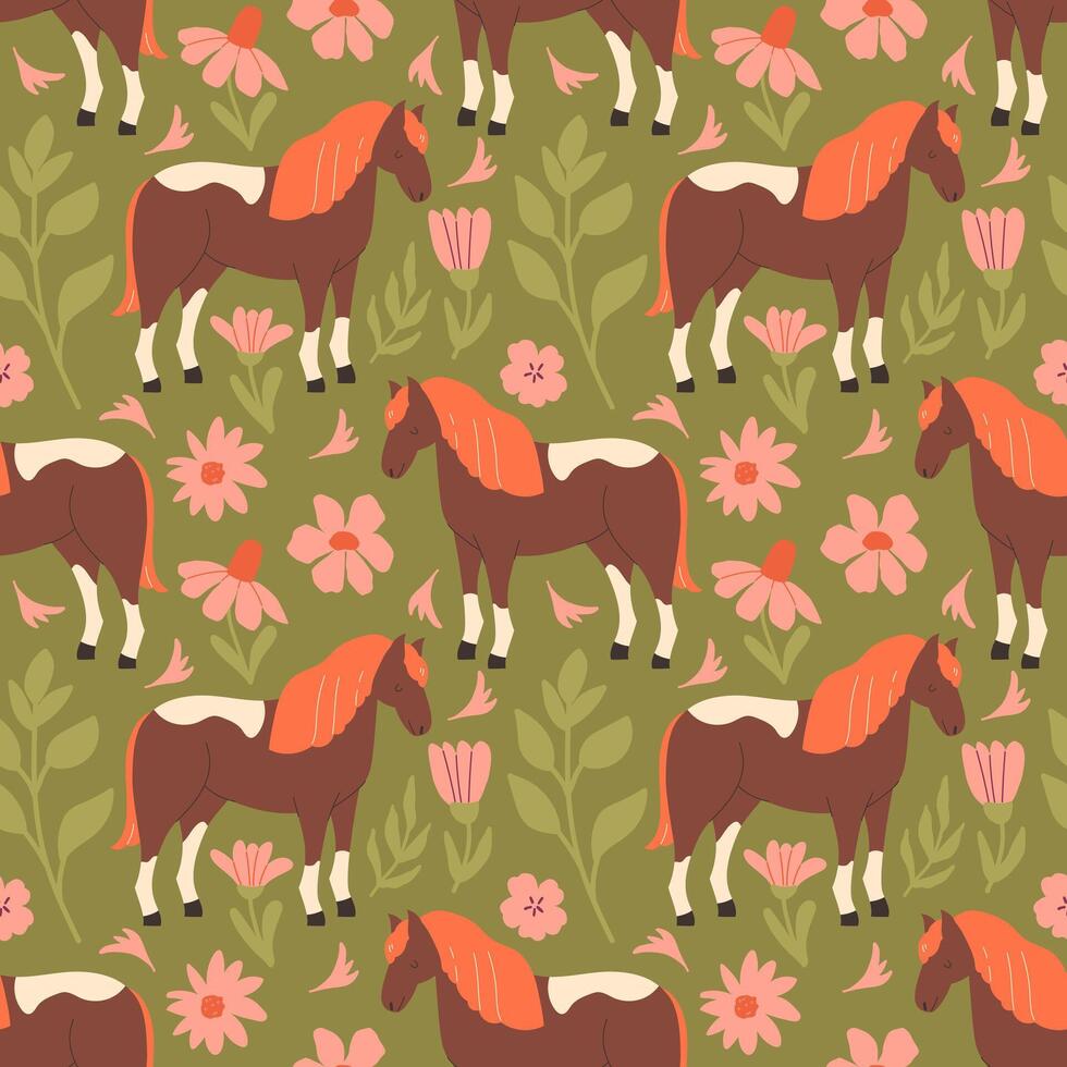 Seamless pattern with cute horses and meadow flowers on a green background vector