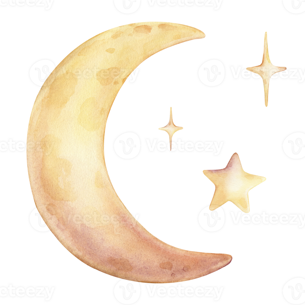 Hand drawn watercolor illustration of the moon and stars for Baby shower invitations or nursery wall art. Drawing sky perfect for conveying a dreamy, mystical atmosphere for kids greeting cards. png