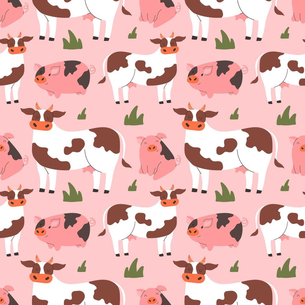 Playful cows and pigs in flat style on light background seamless pattern vector