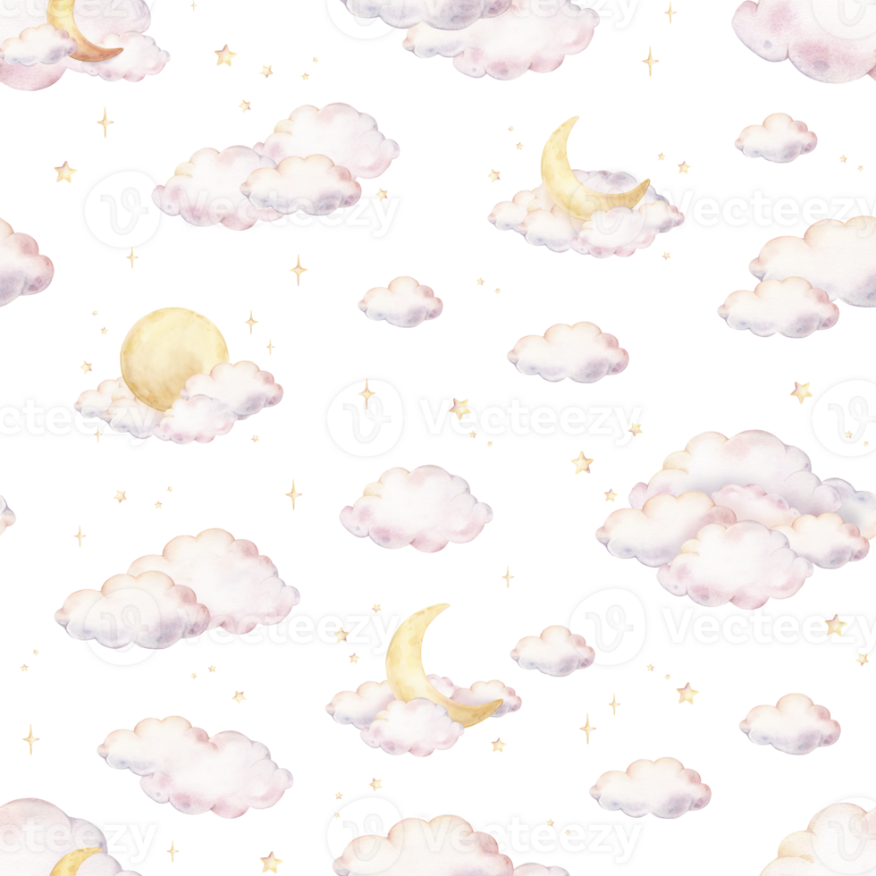Seamless watercolor pattern with rainbow colors pastel clouds and yellow stars, and crescent moons. Illustration of background for nursery wallpaper, baby decor, textiles, or children paper. png