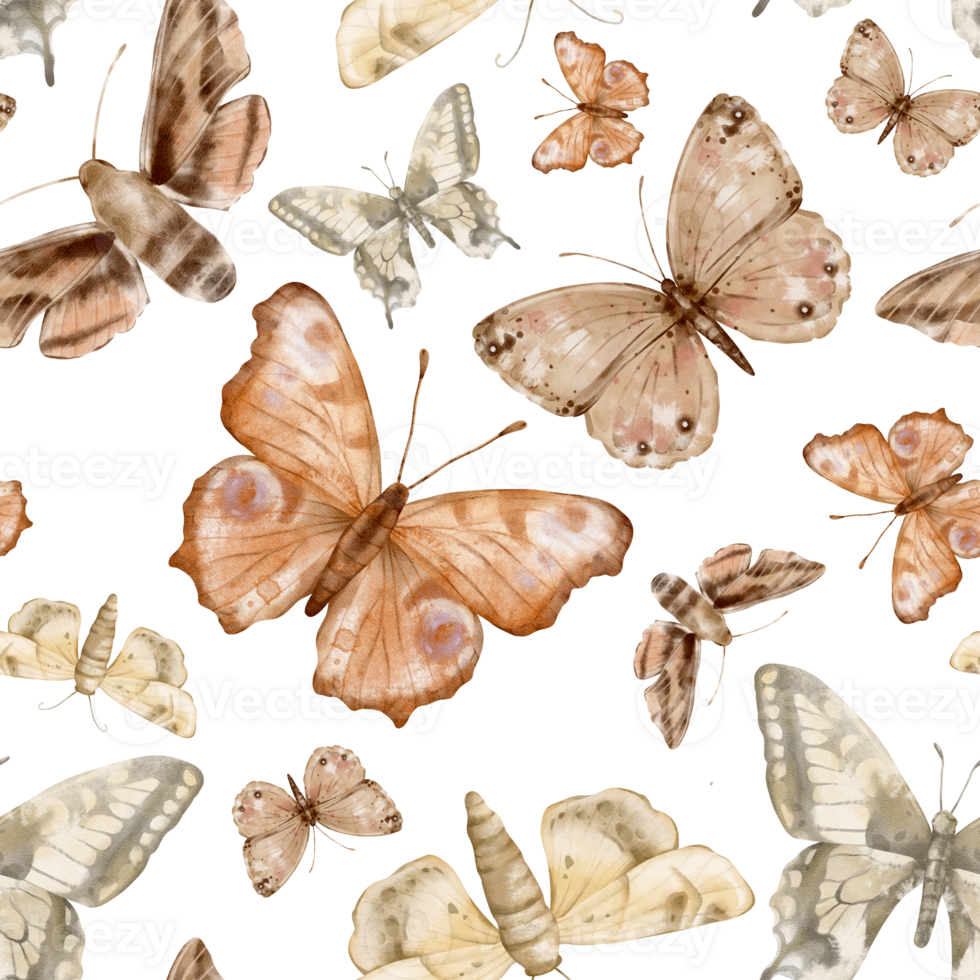 Brown and beige butterflies in vintage style on a isolated background, seamless pattern. Watercolor illustration. For fabric,textiles, wallpaper, wrapping paper, wrappers, covers, prints, clothing. png