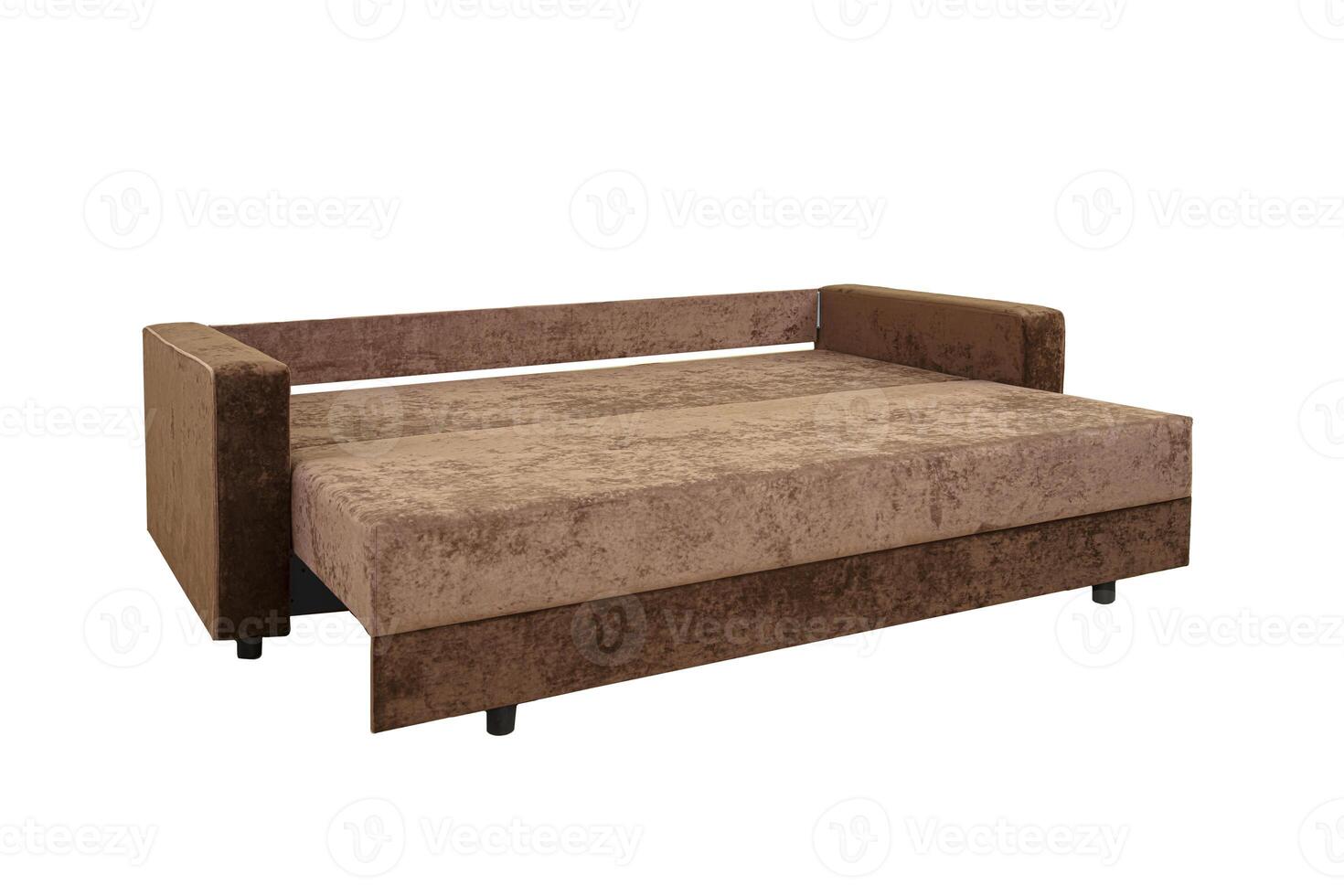 Brown unfolded sofa with velor fabric pillows photo