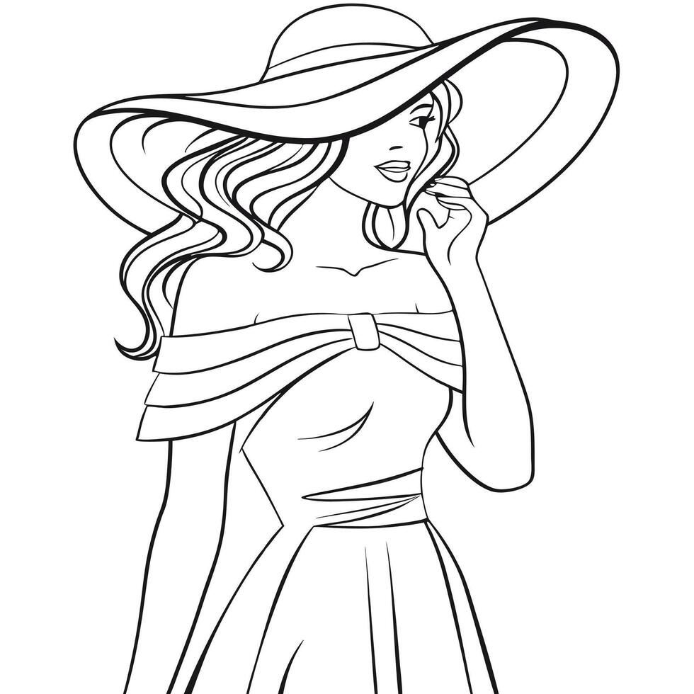 Feminine Line Art Portrait of an Elegant Woman in a Sun Hat with Flowing Lines vector