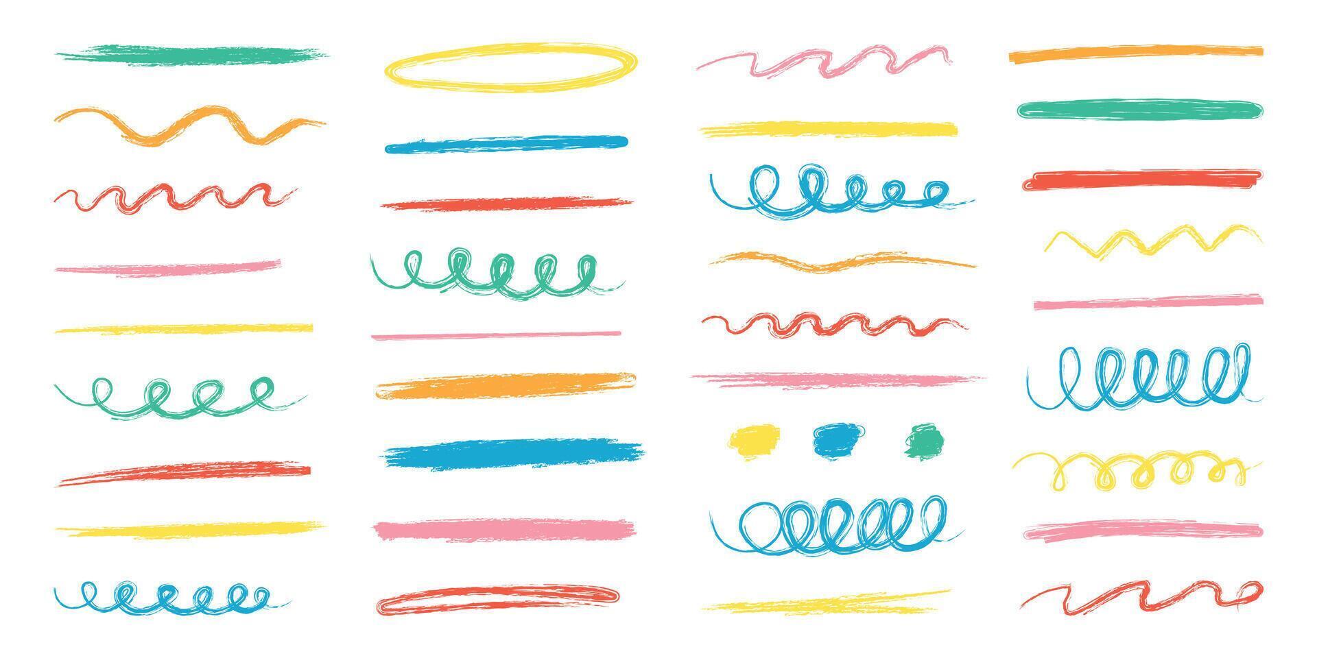 Crayon underline set. Hand drawn kids abstract collection for sketch, chalk texture. Children underlines, color brush stroke, lines of pencil. Isolated illustration. vector