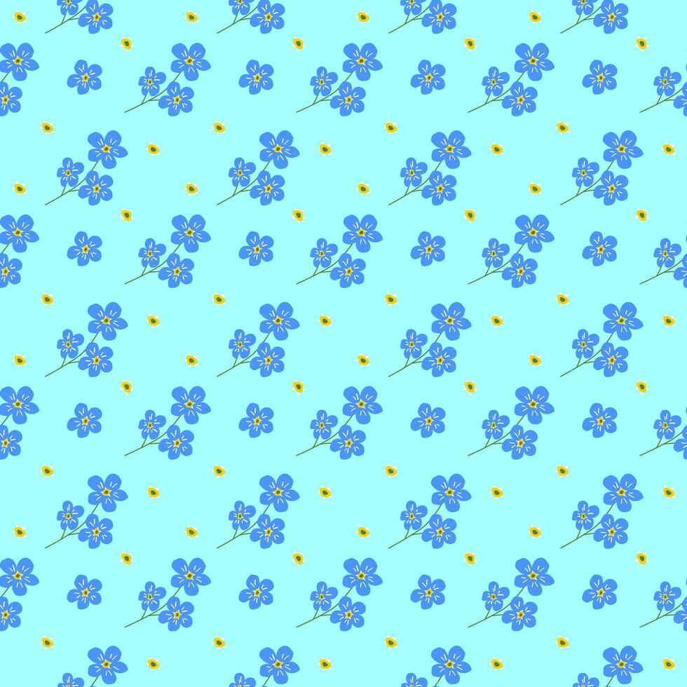 Spring first blooming in a garden flower, royal blue myosotis, hand drawn seamless pattern. vector