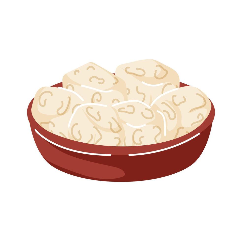 Bowl filled with white cheese Beyaz peynir cubes in cartoon style. Ideal for turkish breakfast, culinary menu design. Isolated on a white background. vector