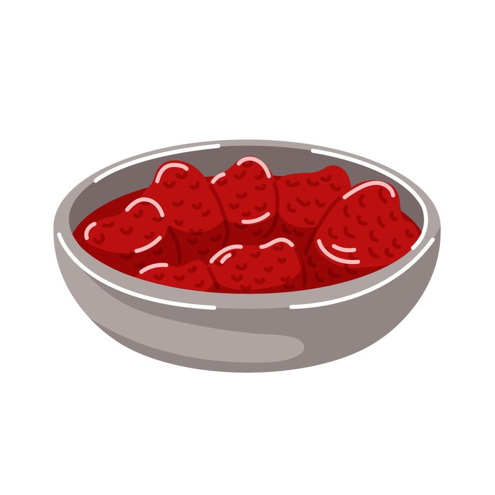 Bowl filled with strawberry jam in cartoon style. Perfect for food themed design, packaging, menu. vector