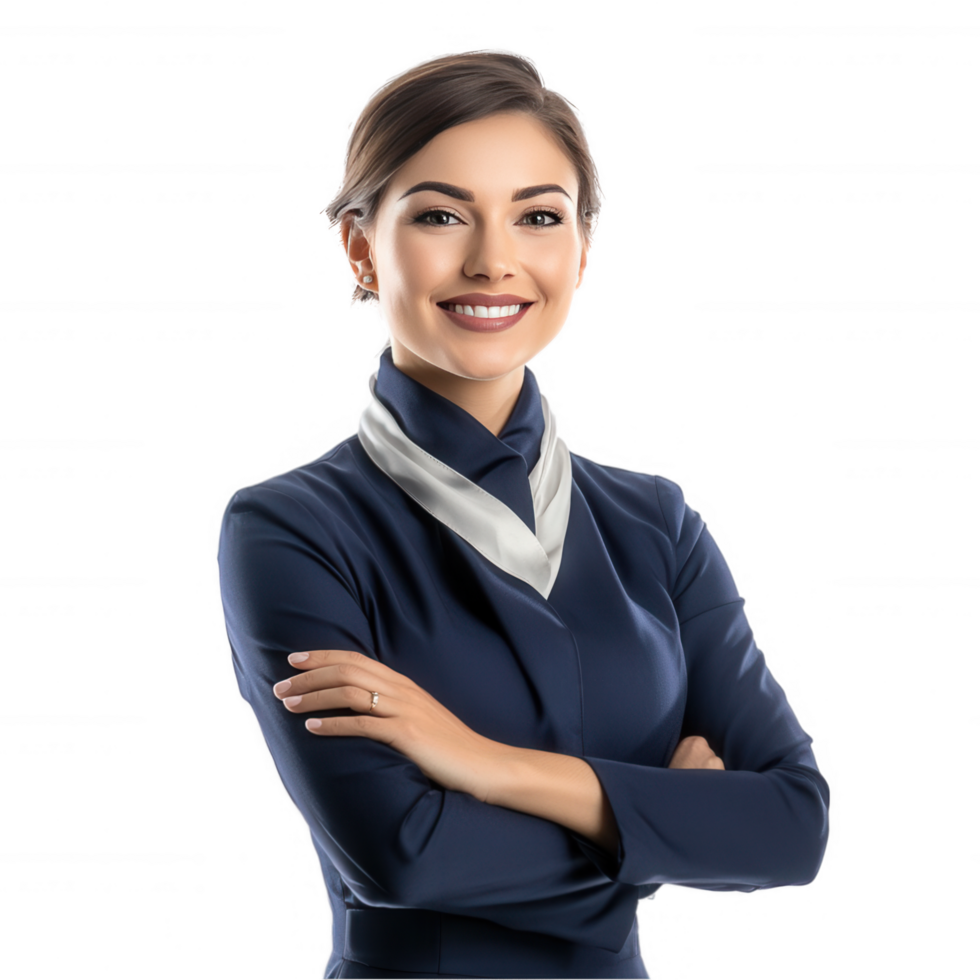 A smiling flight attendant in a crisp uniform transparent background png