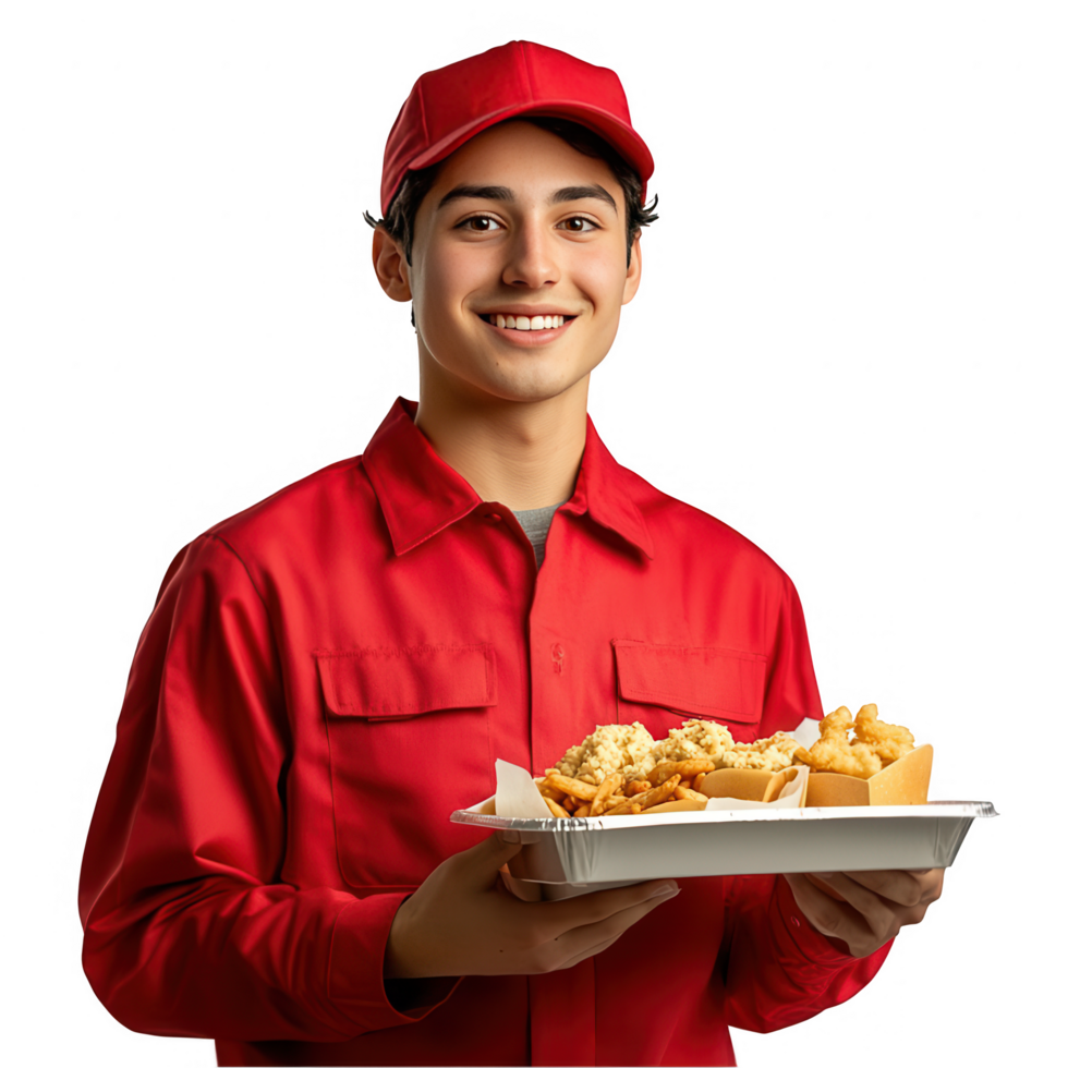 Fast food employee in a bright uniform holding a tray of food transparent background png
