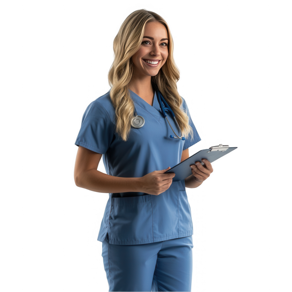 A young nurse smiling while holding a clipboard transparent background png