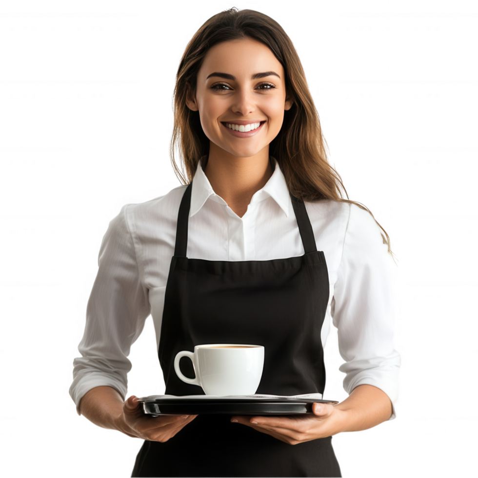 A smiling waitress in a black apron and white shirt png
