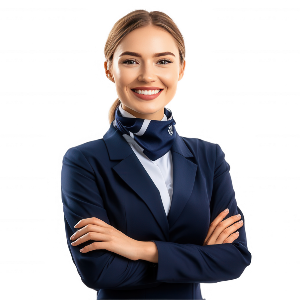 A happy flight attendant in a crisp uniform and neck scarf transparent background png