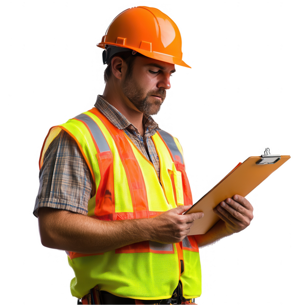 A construction worker in a neon safety vest and hard hat png
