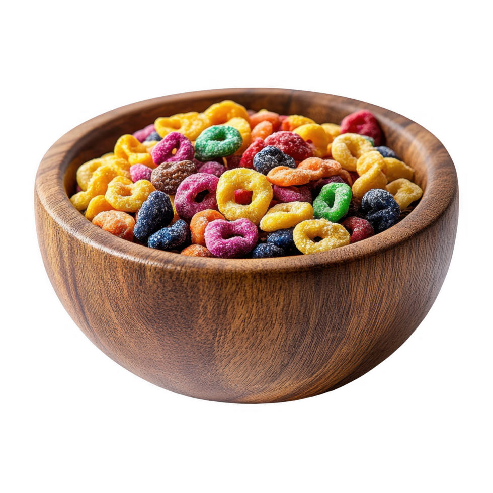 A brown wooden bowl filled with colorful cereal png