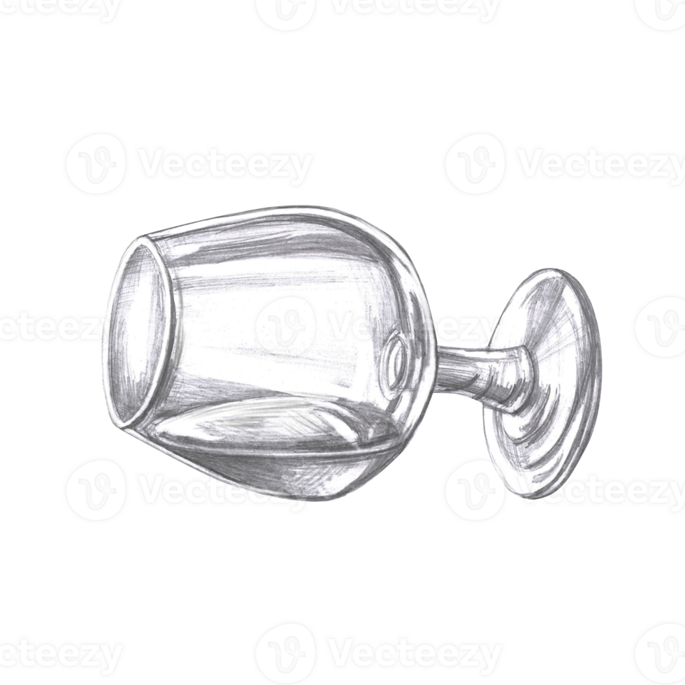 Lying glass with cognac in pencil. Isolated illustration in realistic style on the theme of drinks for restaurant menu design, interior decoration of drinking establishments. png