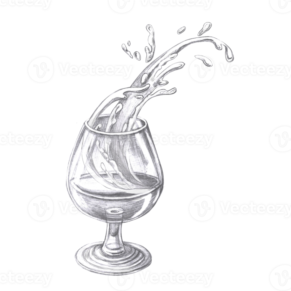 Dynamic splashes in a glass of cognac. Isolated pencil illustration for menu design, bar card, gastronomic shows and magazines, cookbook. png