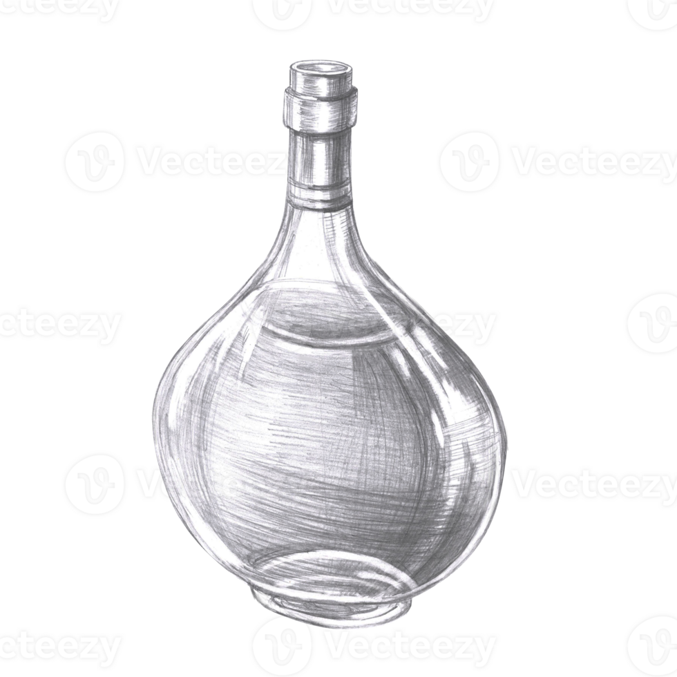Open bottle of cognac in pencil. Isolated illustration in realistic style of alcoholic drink for restaurant menu design, interior decoration of drinking establishments. png