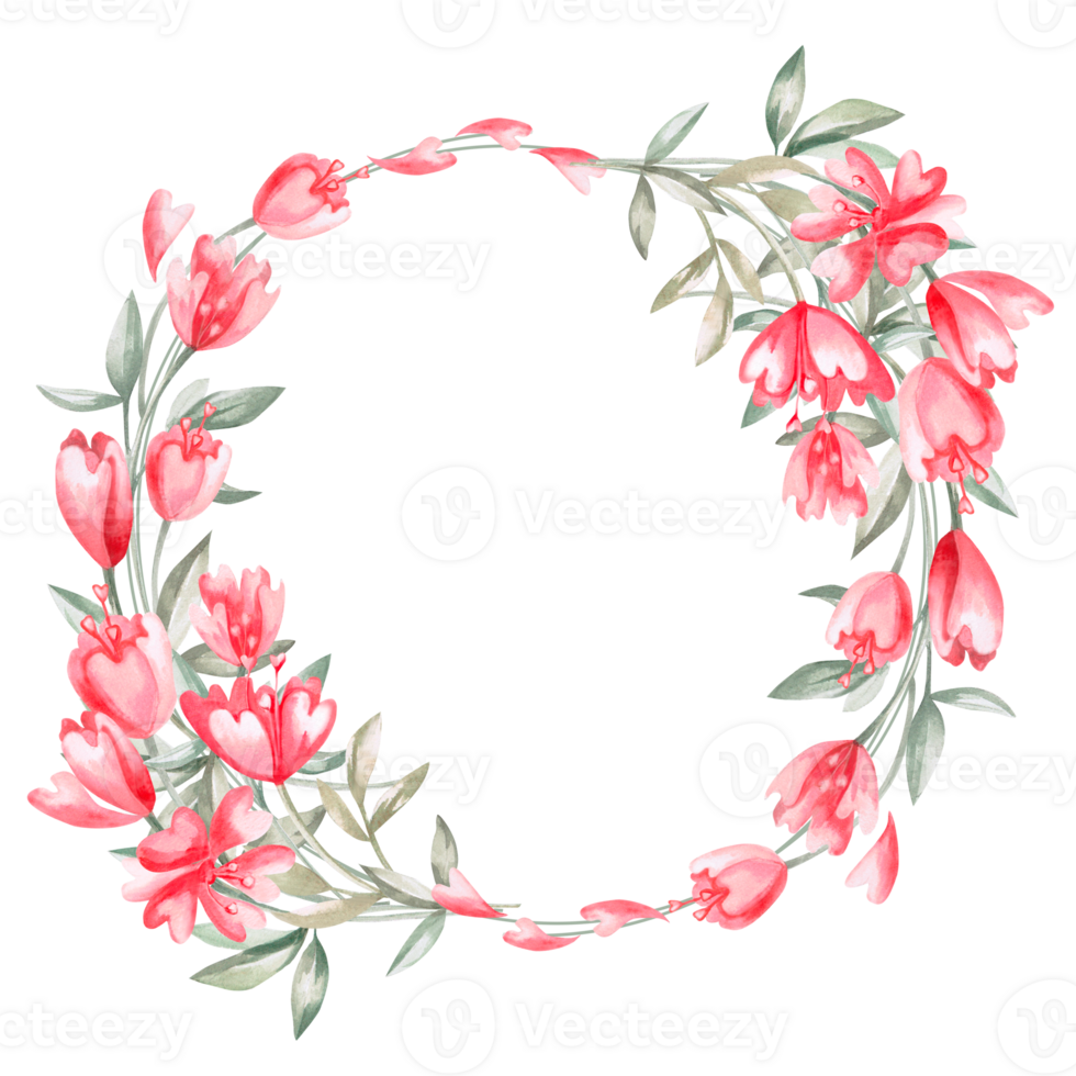 Round frame of flowers in fantasy style. Isolated watercolor illustration for design of cards, posters, printing on clothes. png