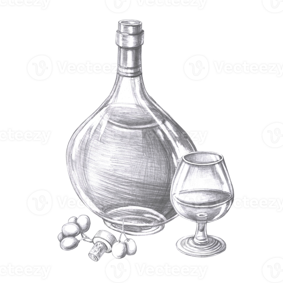 Bottle of cognac, glass and grapes in pencil. Isolated illustration on the theme of alcoholic drinks for menu design, cookbook, gastronomic magazines and festivals. png