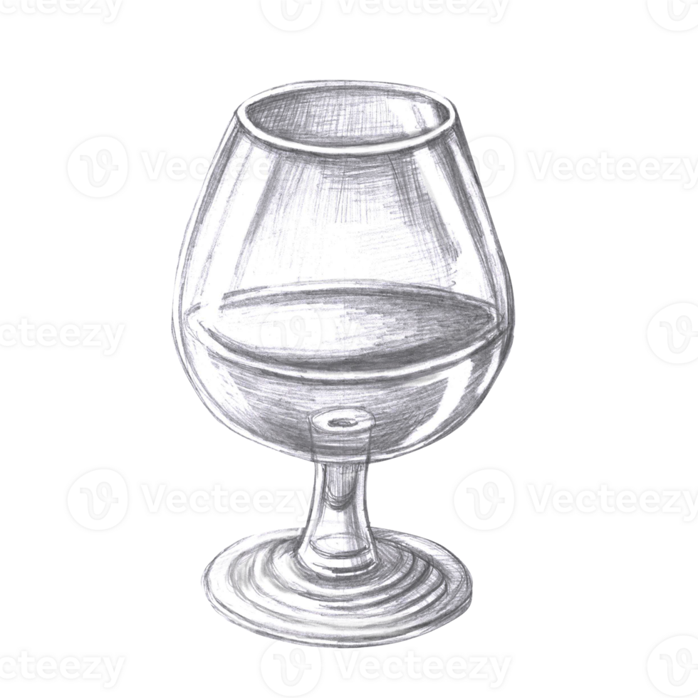 Glass of cognac in pencil. Isolated illustration in realistic style of alcoholic drink for restaurant menu design, interior decoration of drinking establishments. png