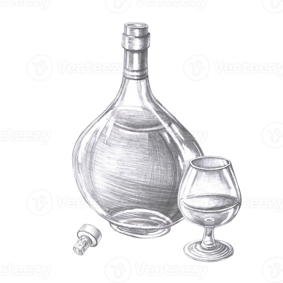 Bottle of cognac, glass and grapes in pencil. Isolated illustration on the theme of alcoholic drinks for menu design, cookbook, gastronomic magazines and festivals. png