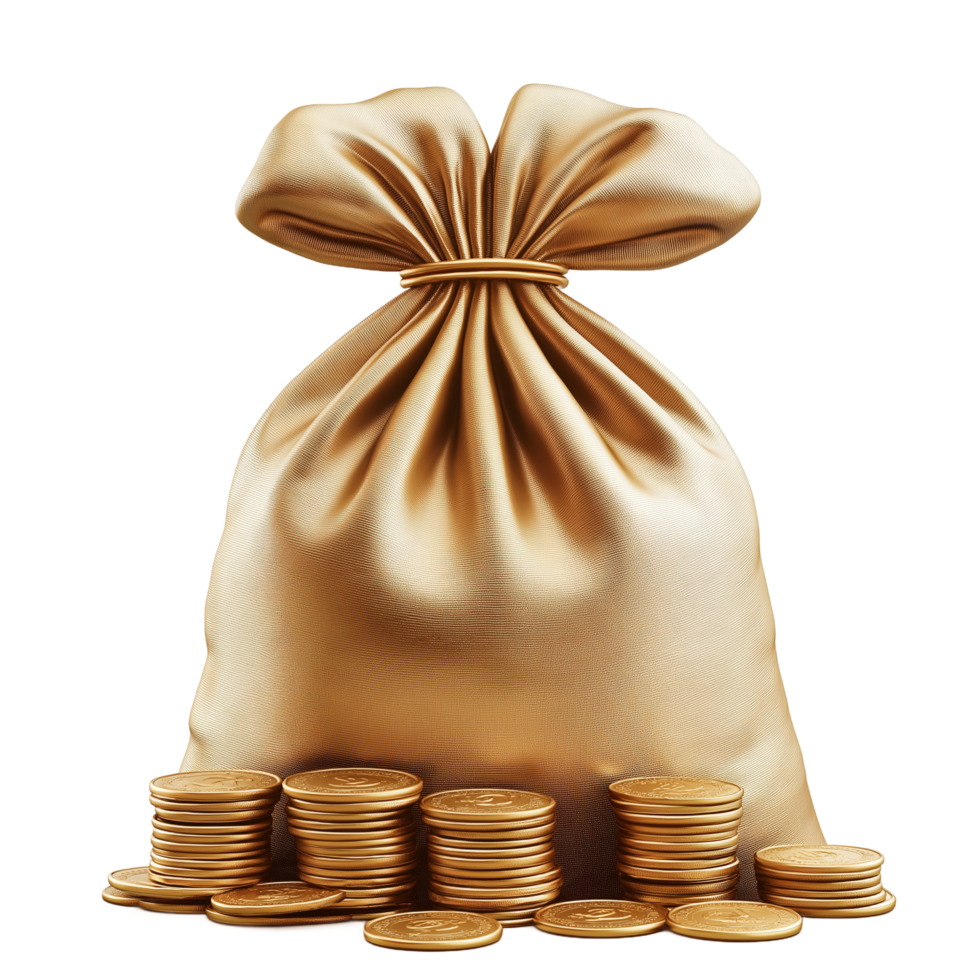 Golden Treasure. A Luxurious 3D Render of a Money Bag Overflowing with Gold Coins png