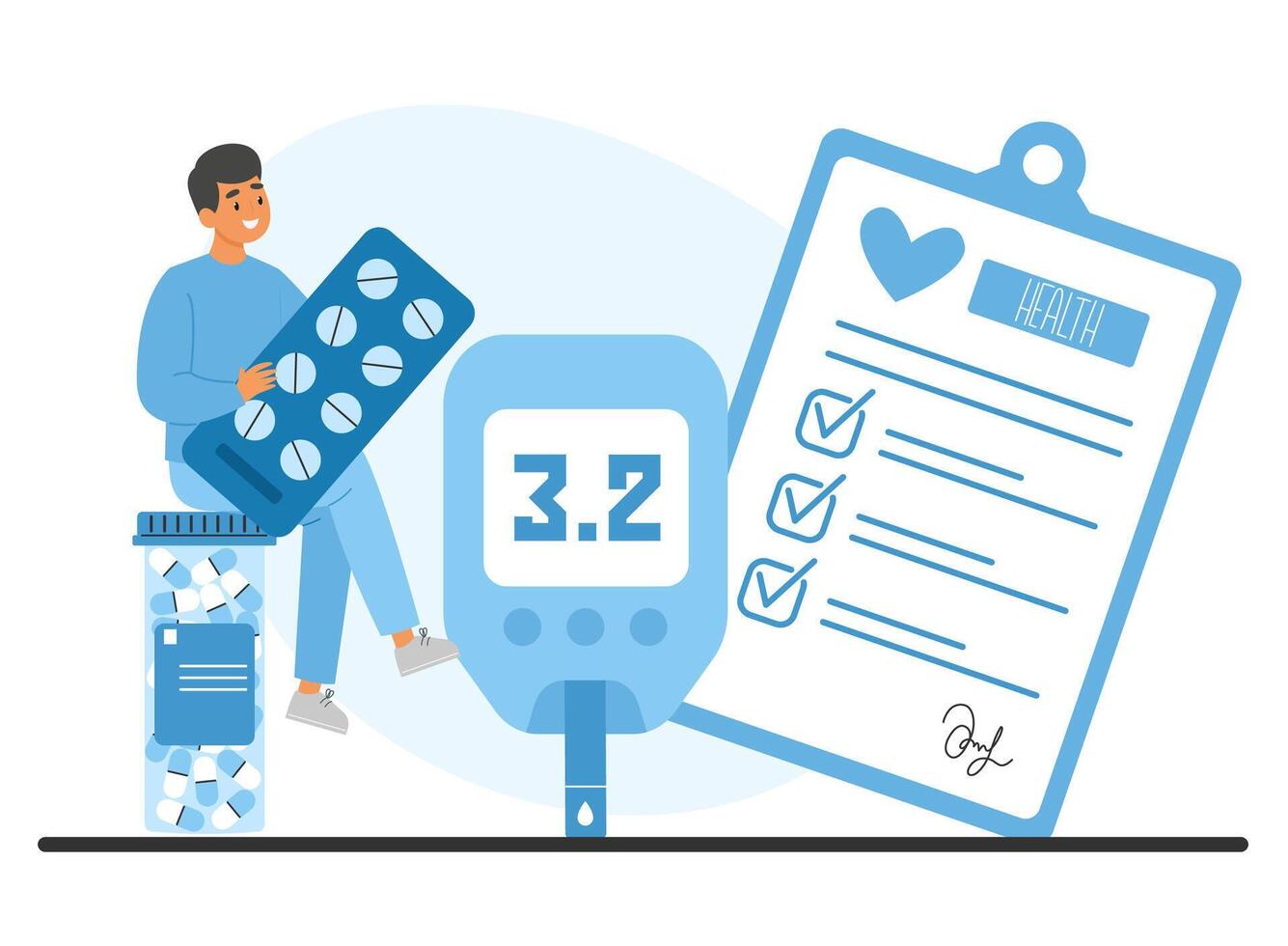 Medical guidance on diabetes treatment. Patient controls sugar level in blood vector