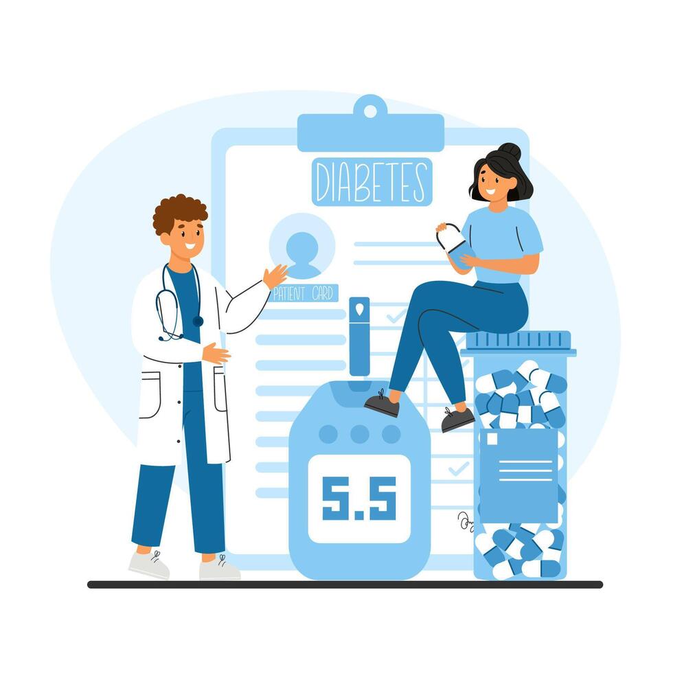 Doctor explaining diabetes monitoring using a glucose meter and pills with a patient holding medicine vector