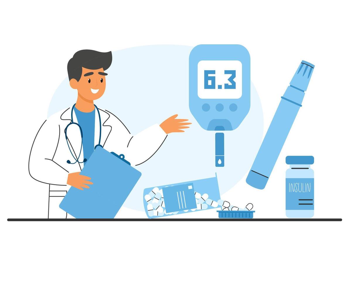 Doctor advising on diabetes care plan. Glucose monitoring, glucometer, isulin bottle and pills vector