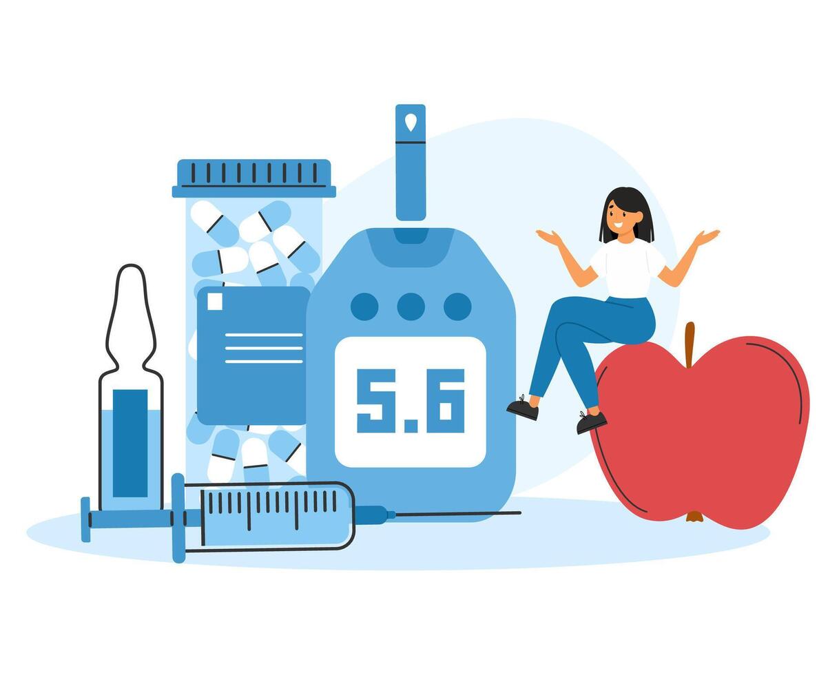 Diabetes care concept with patient, diet plan, medical pills, isulin syringe. Diabetes control vector