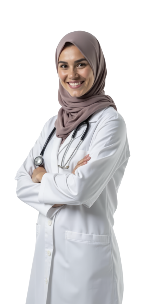 Female doctor in hijab with crossed arms in white coat. Suitable for medical, diversity, healthcare, and multicultural concepts. Healthcare provider standing confidently. png