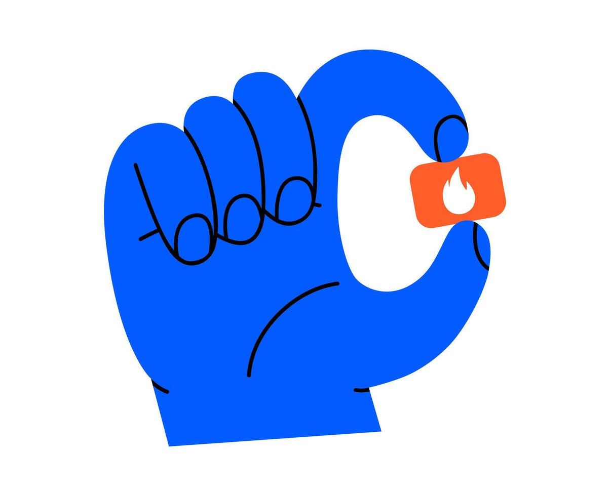 Hand drawn cute illustration of hand holding speech bubble with fire. Flat trendy content message in arm doodle. Social media popularity icon. Audience engagement. Follower reaction. Isolated. vector