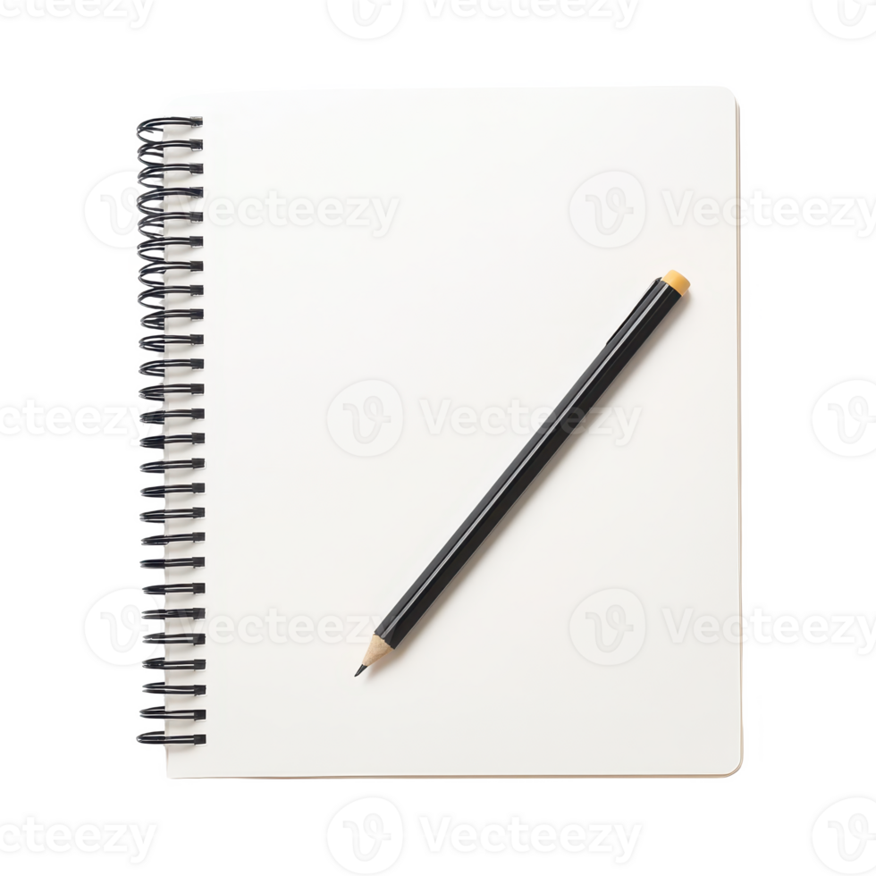 A blank spiral notebook alongside a black pencil ready for creative ideas. png