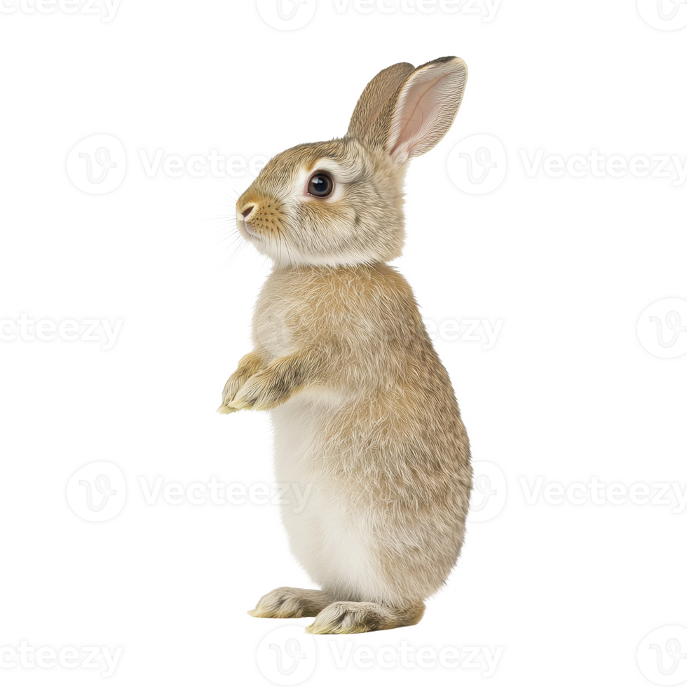 A cute rabbit standing upright, showcasing its fluffy fur and adorable features. png