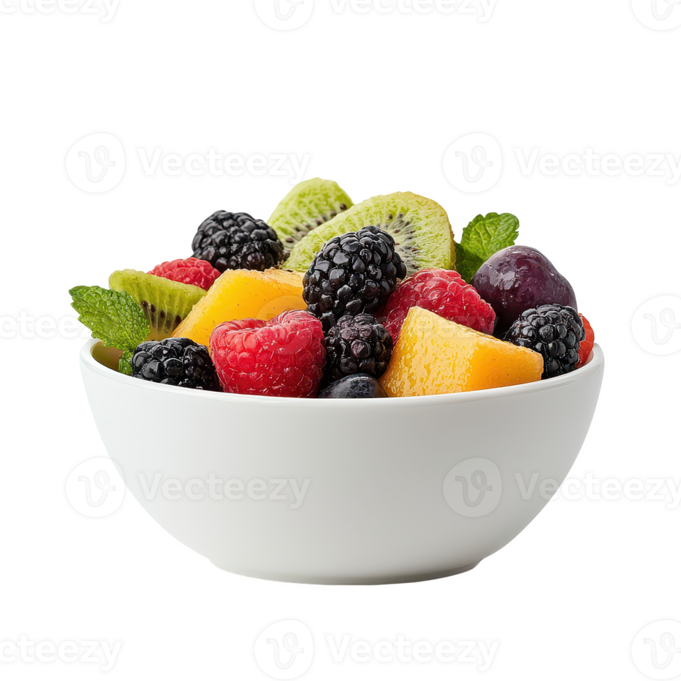A colorful bowl of fresh fruits, including berries and tropical slices. png