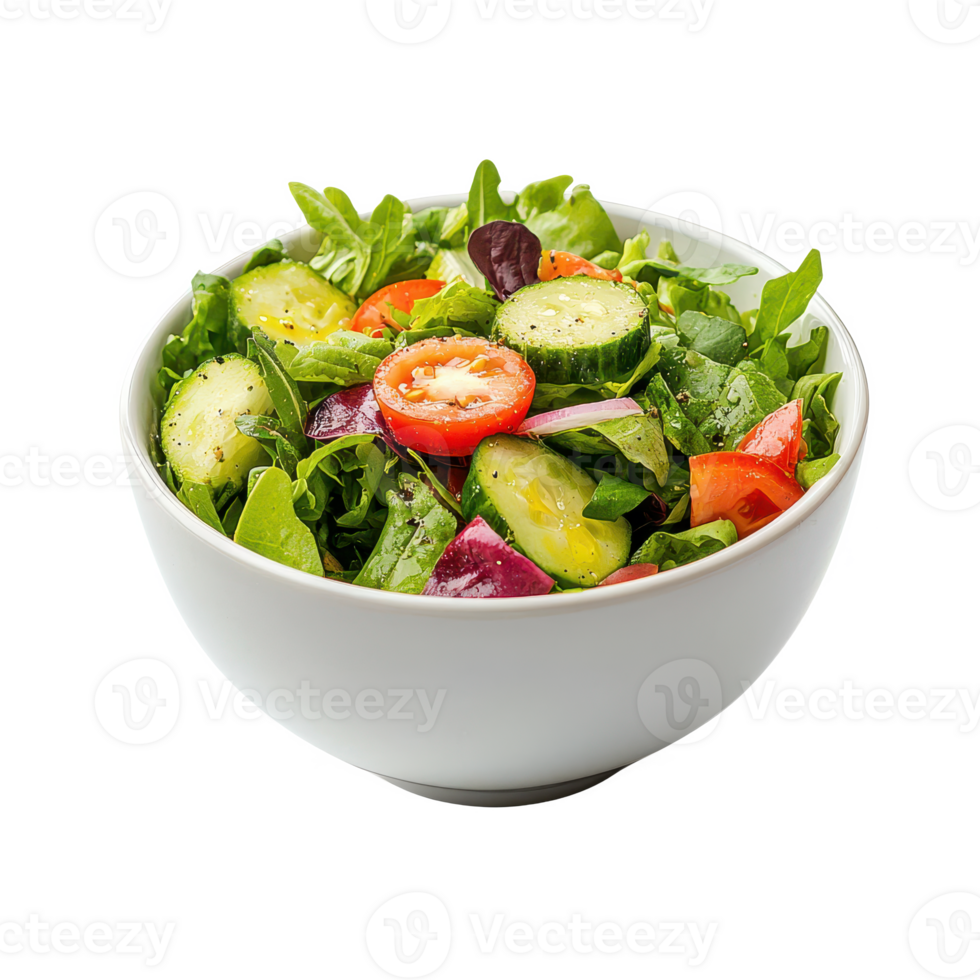 A fresh and colorful salad bowl with a variety of vegetables and greens. png