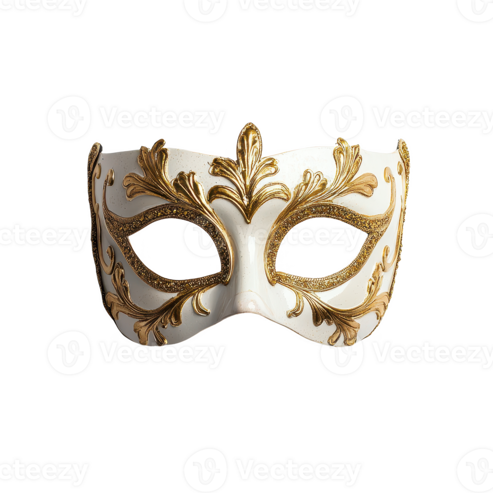 A beautiful, ornate white mask with golden accents perfect for masquerade events. png