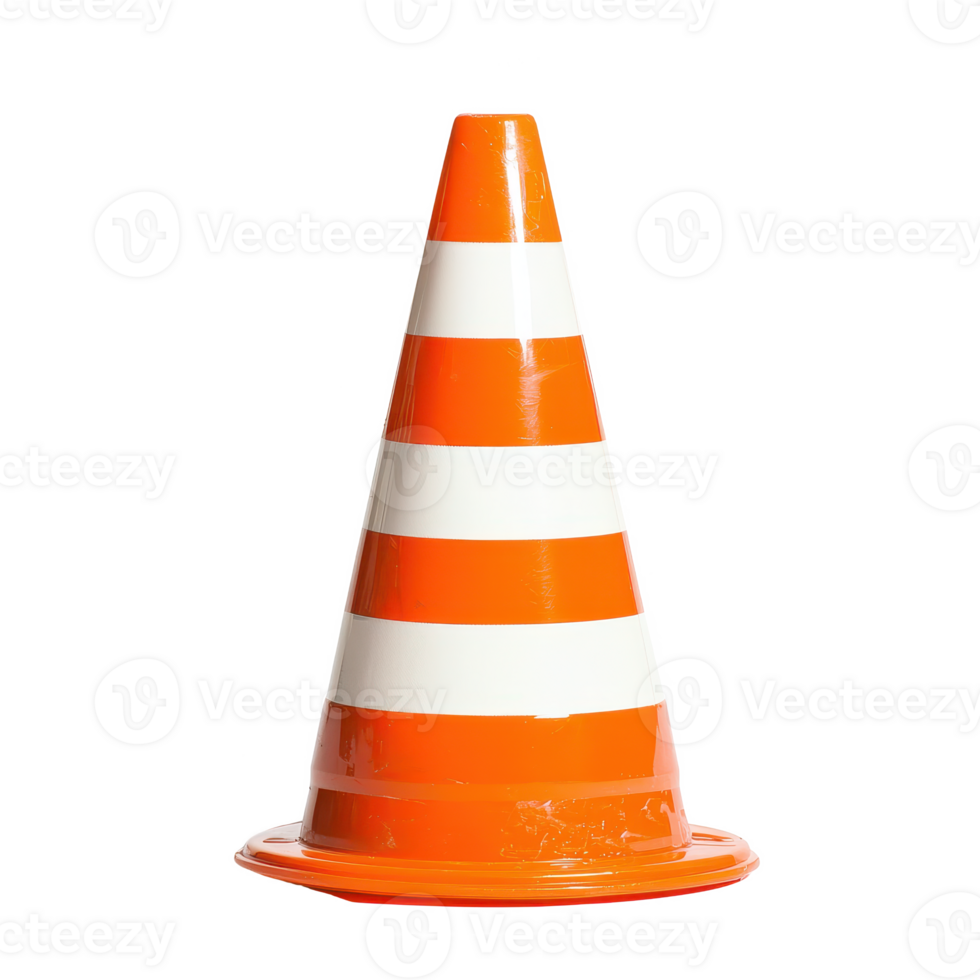 A bright orange traffic cone with white stripes positioned on a clean surface. png