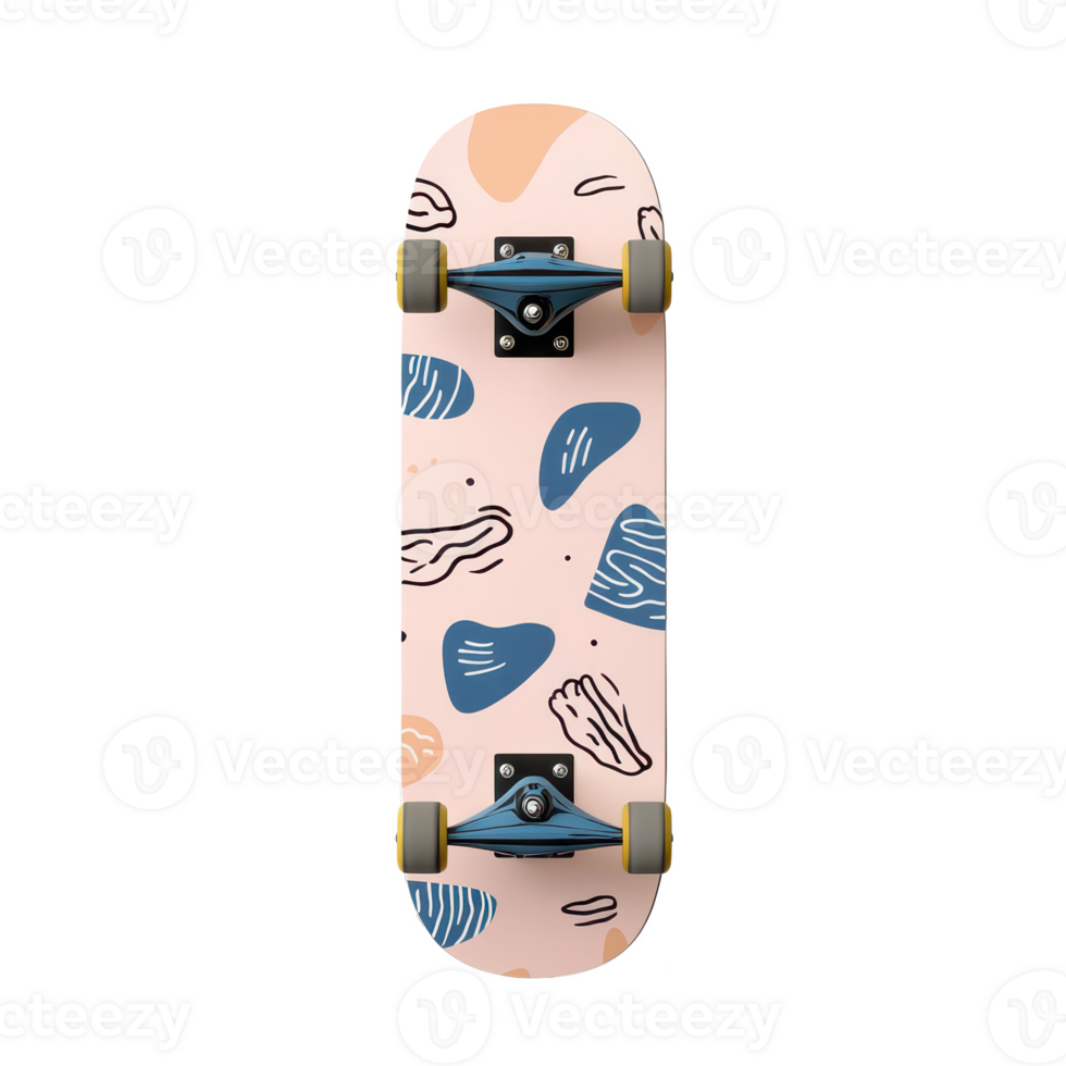 A colorful skateboard featuring abstract shapes and designs. png