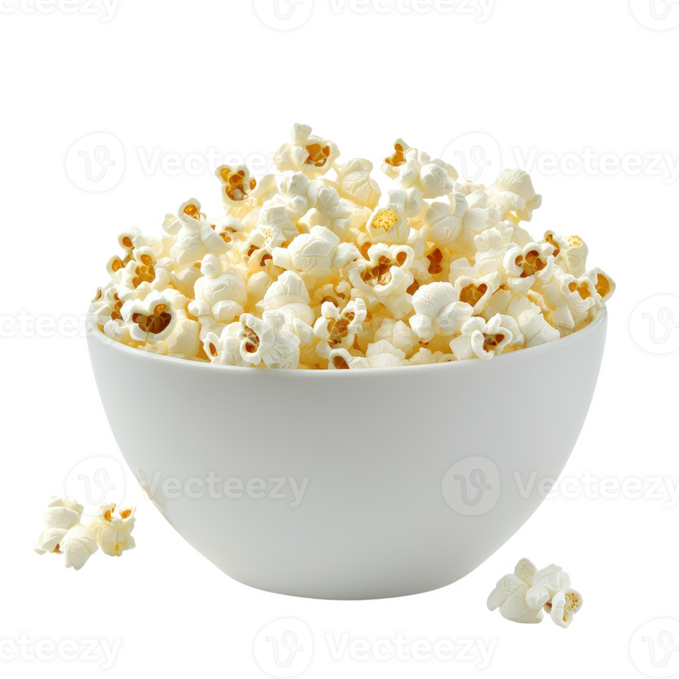 A delicious bowl of freshly popped popcorn, perfect for movie nights and snacking. png