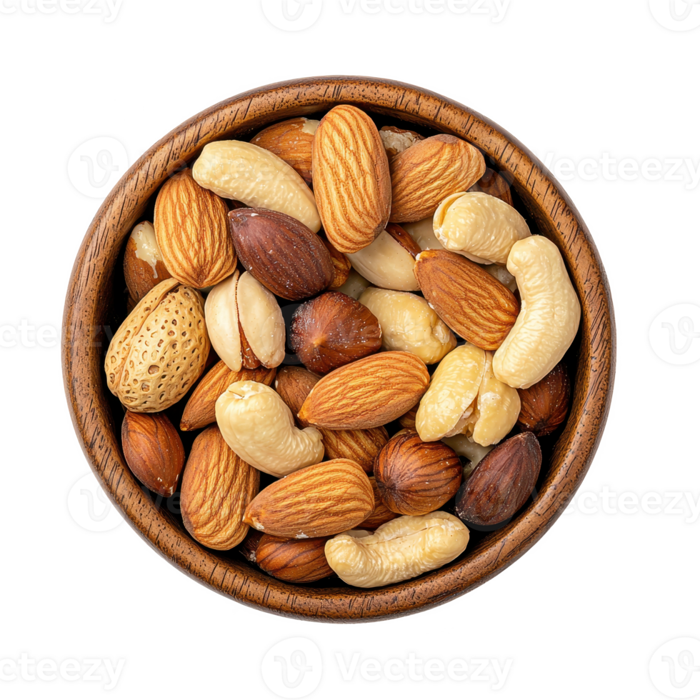 A close-up view of a wooden bowl filled with assorted nuts, showcasing rich textures. png