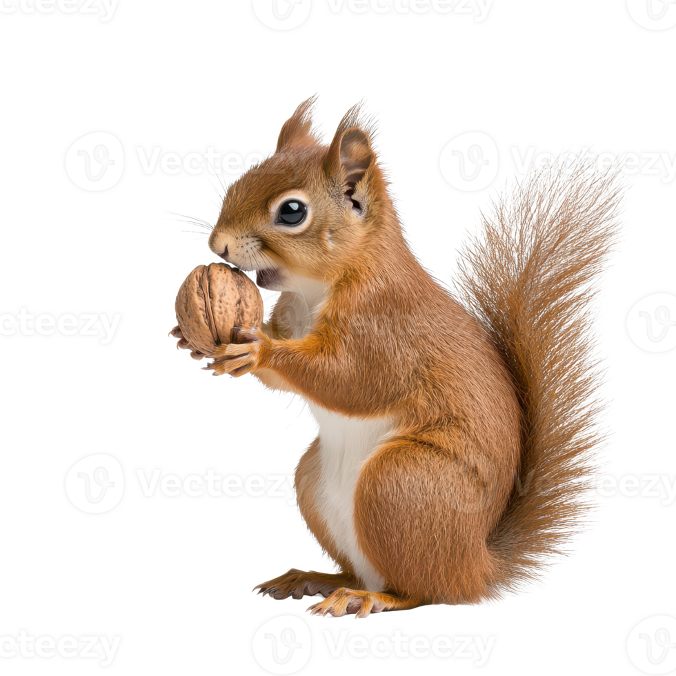 A cute squirrel holding a walnut, showcasing its playful nature and detailed fur. png