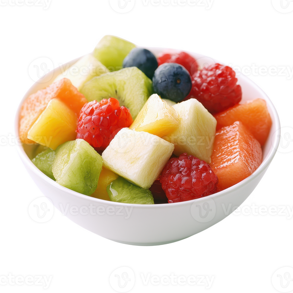 A colorful and fresh fruit salad with a variety of seasonal fruits in a white bowl. png