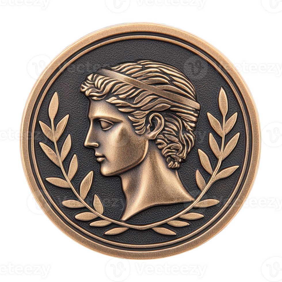 A bronze medal featuring a classic profile and laurel leaves in detailed design. png