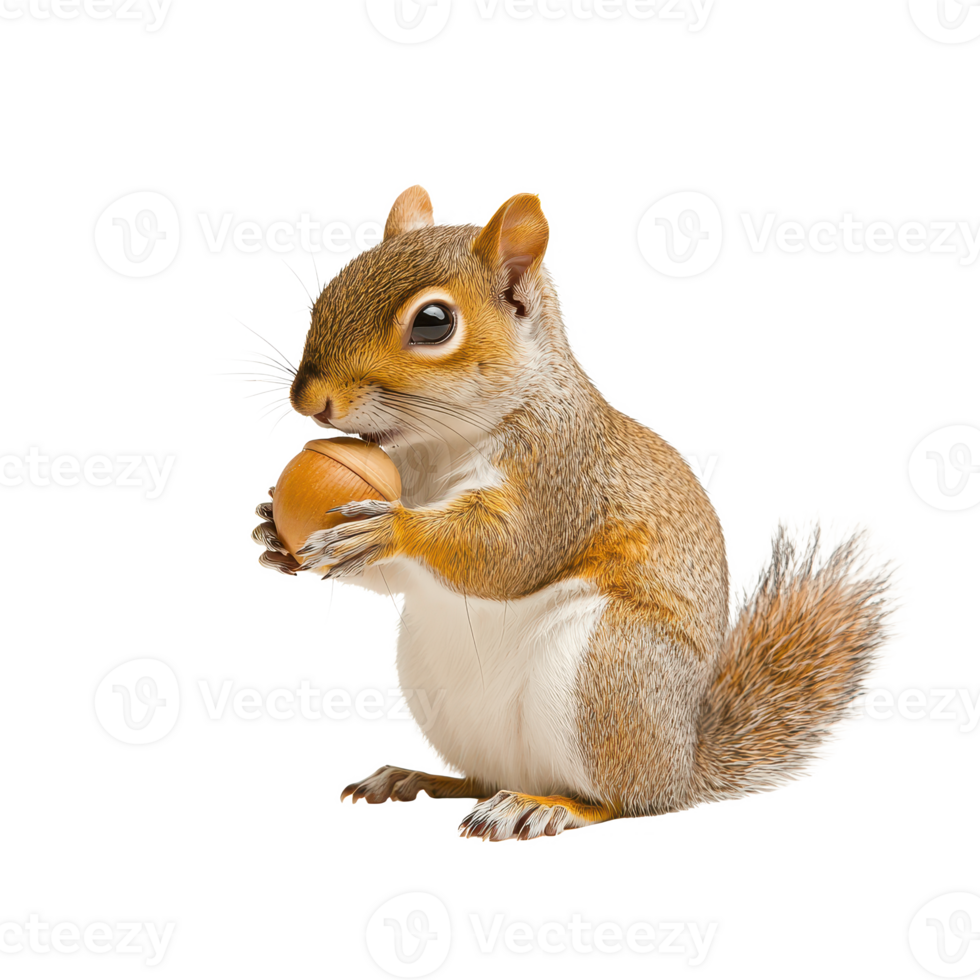 A cute squirrel holds a nut in its paws, showcasing its fluffy tail and curious expression. png