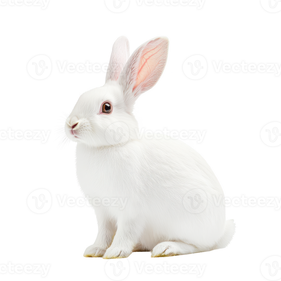 A fluffy white rabbit sitting gracefully, showcasing its soft fur and expressive ears. png