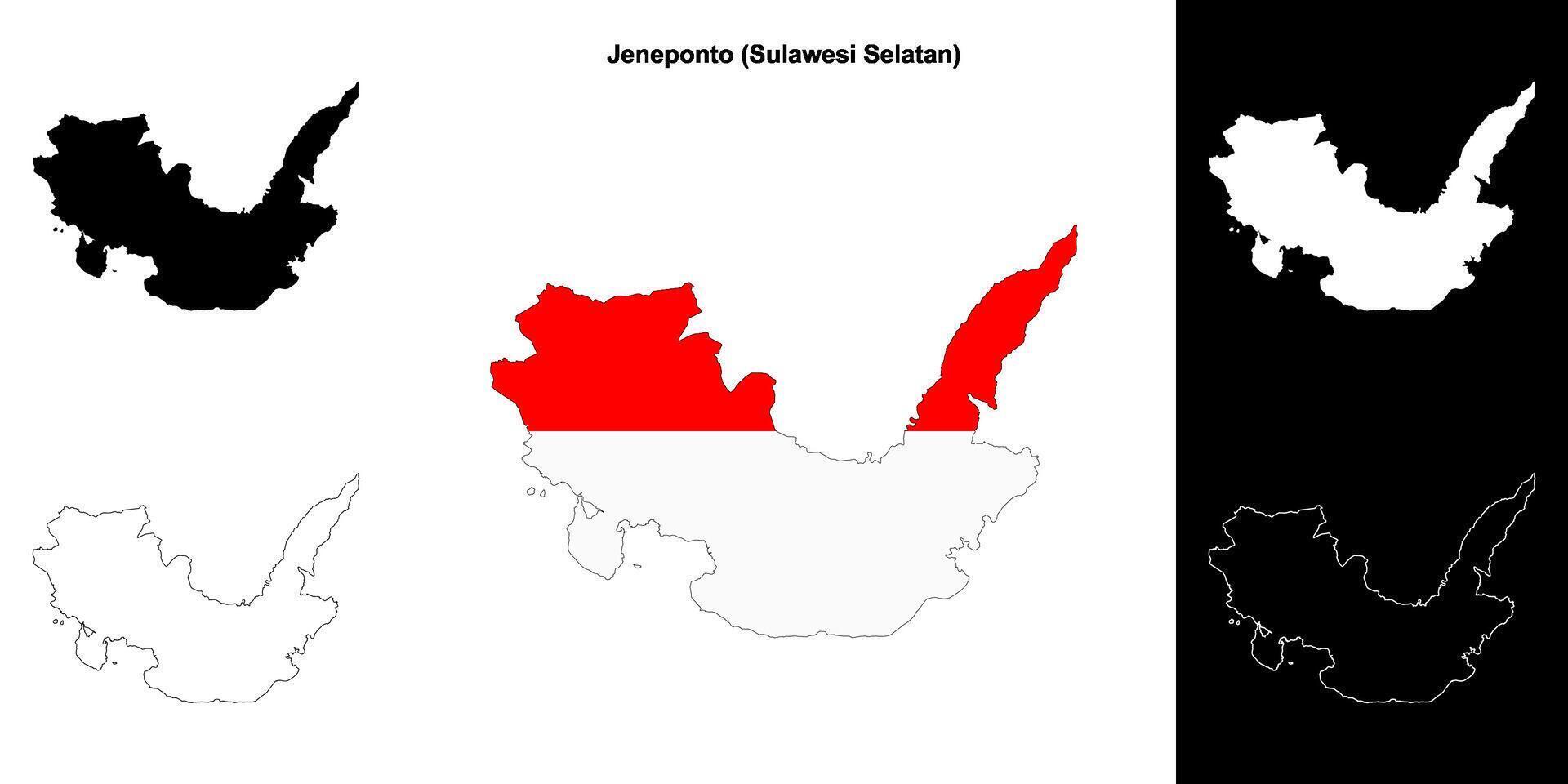 Jeneponto blank outline map set vector